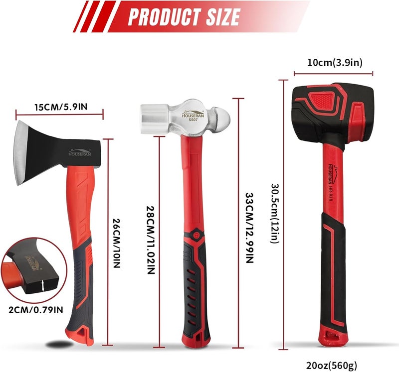 HOUSERAN 3 Piece Hammer Set, 14" Camping Axe, Ball Peen Hammer 1.1kg, 20oz Rubber Mallet, Ball Pin Hammers, Large Hammer, Suitable for Camping, Woodworking, Mechanical Repair - Image 2